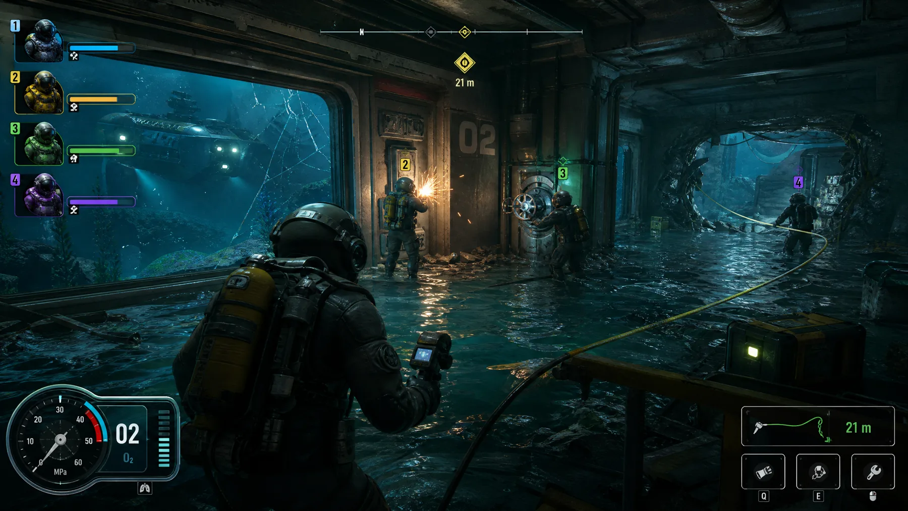 Four divers repair a flooded underwater station while pressure, oxygen and tether information remain visible.