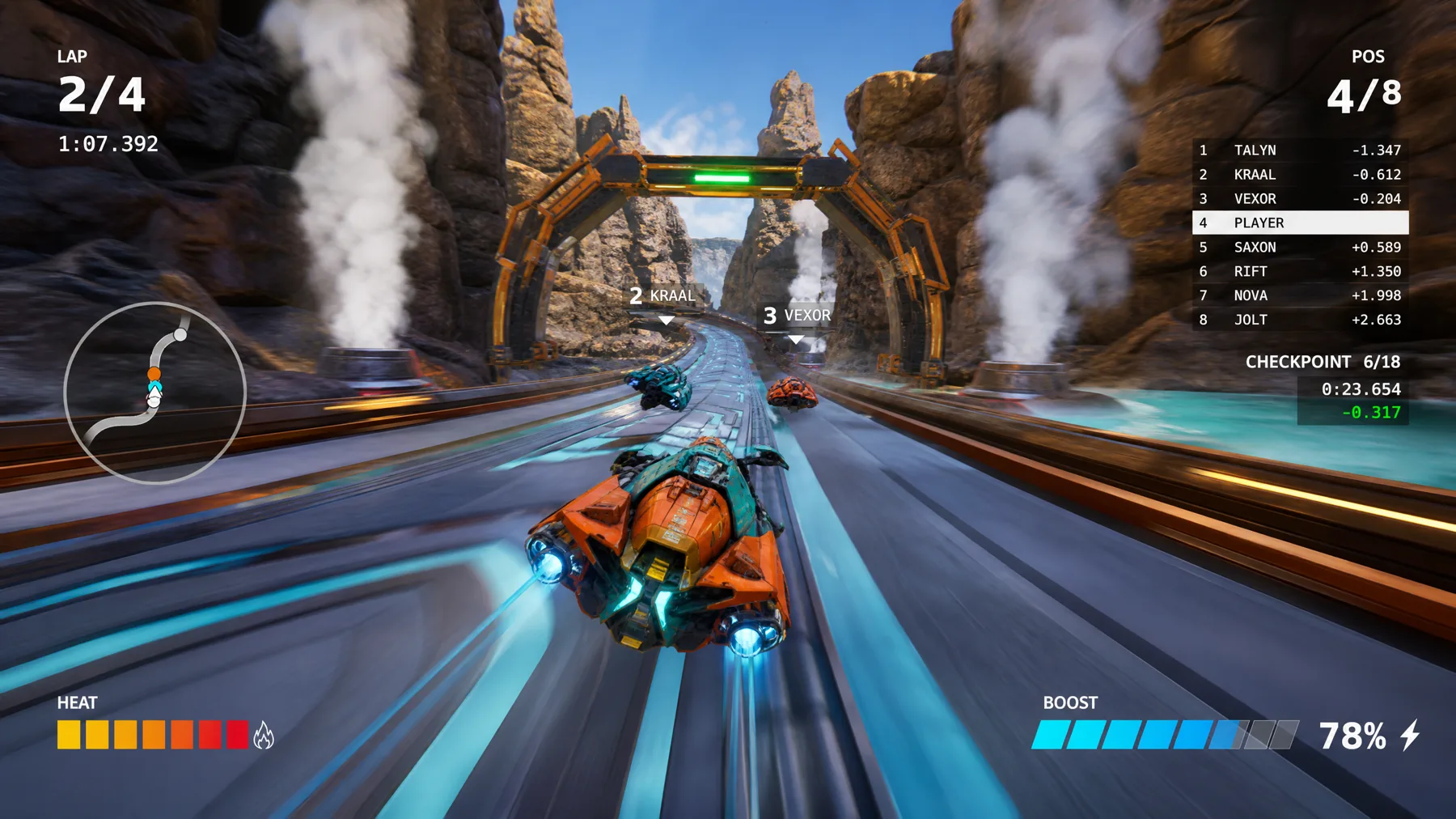 A hover-bike races through geothermal gates with lap, heat and boost HUD.