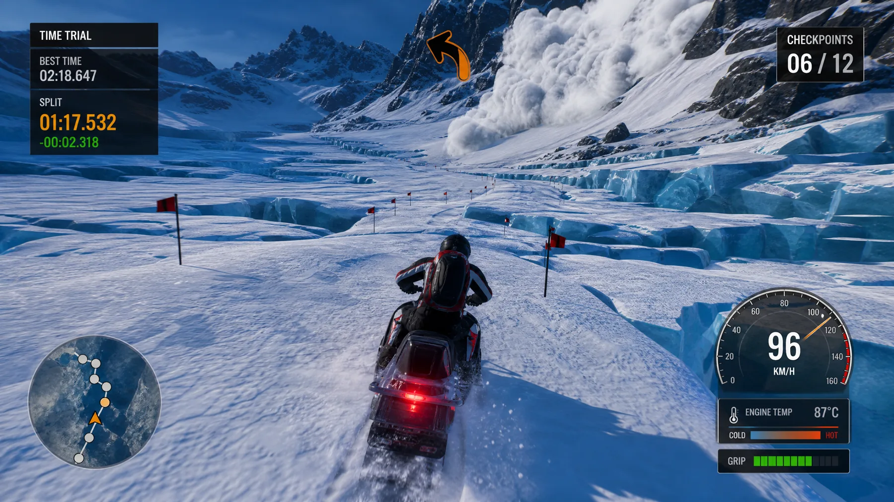 A snowmobile races across a crevasse field with route, split and engine-temperature HUD.