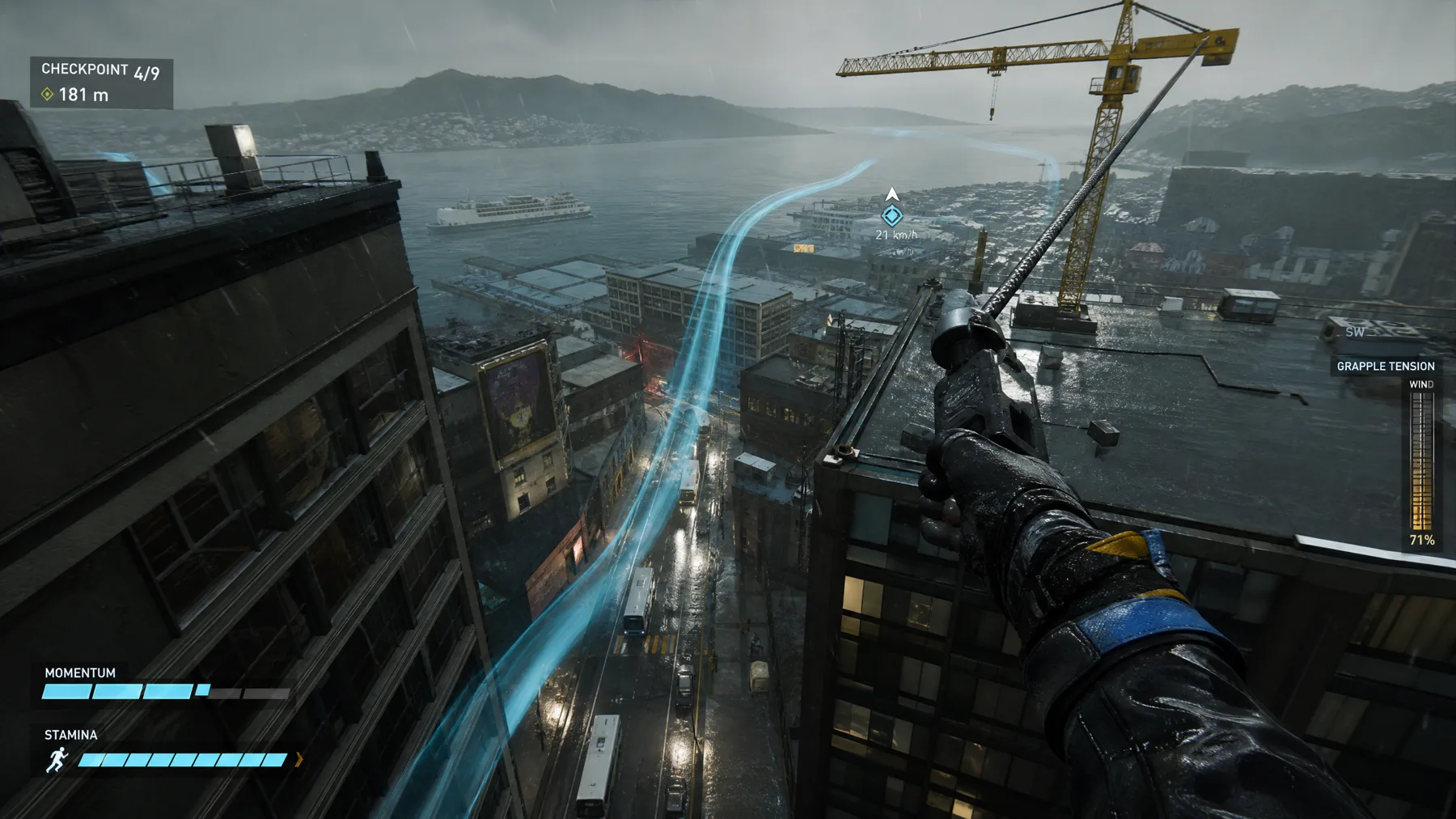 First-person grappling traversal above rain-darkened harbour rooftops with momentum and wind-lane HUD.